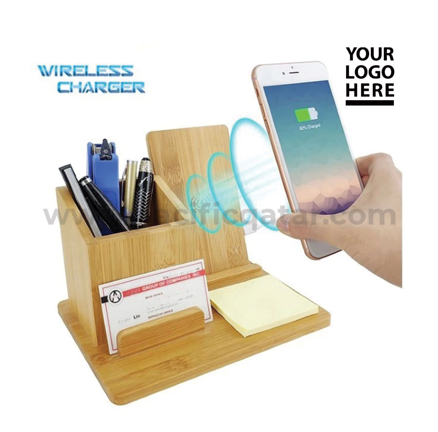 Bamboo wireless fast charger set with stationary organizer