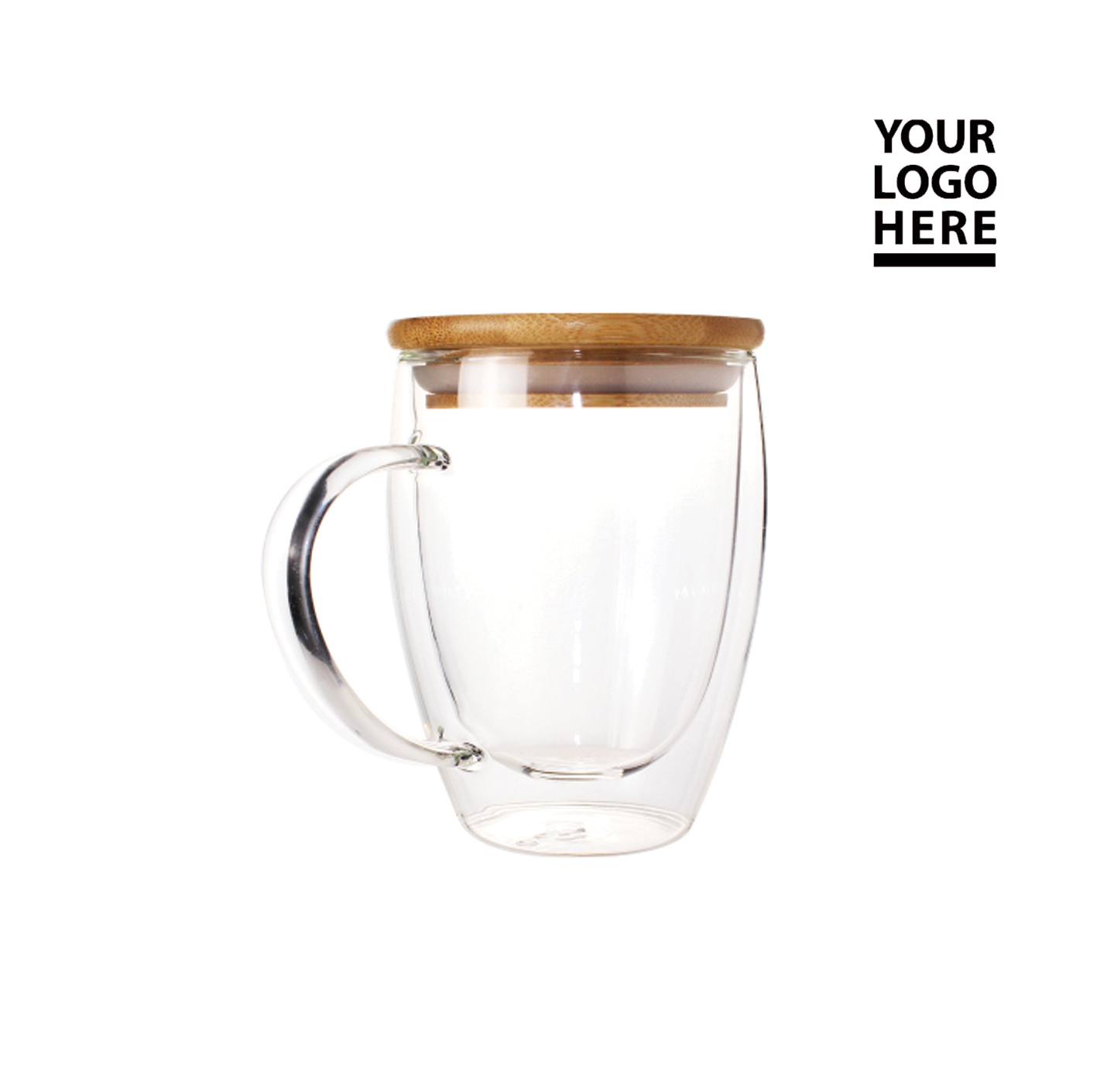 Glass mug with bamboo lid in white background