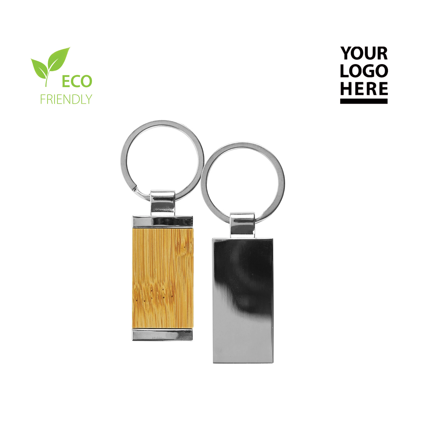 Rectangular Bamboo and Metal Keychains Size 32mm