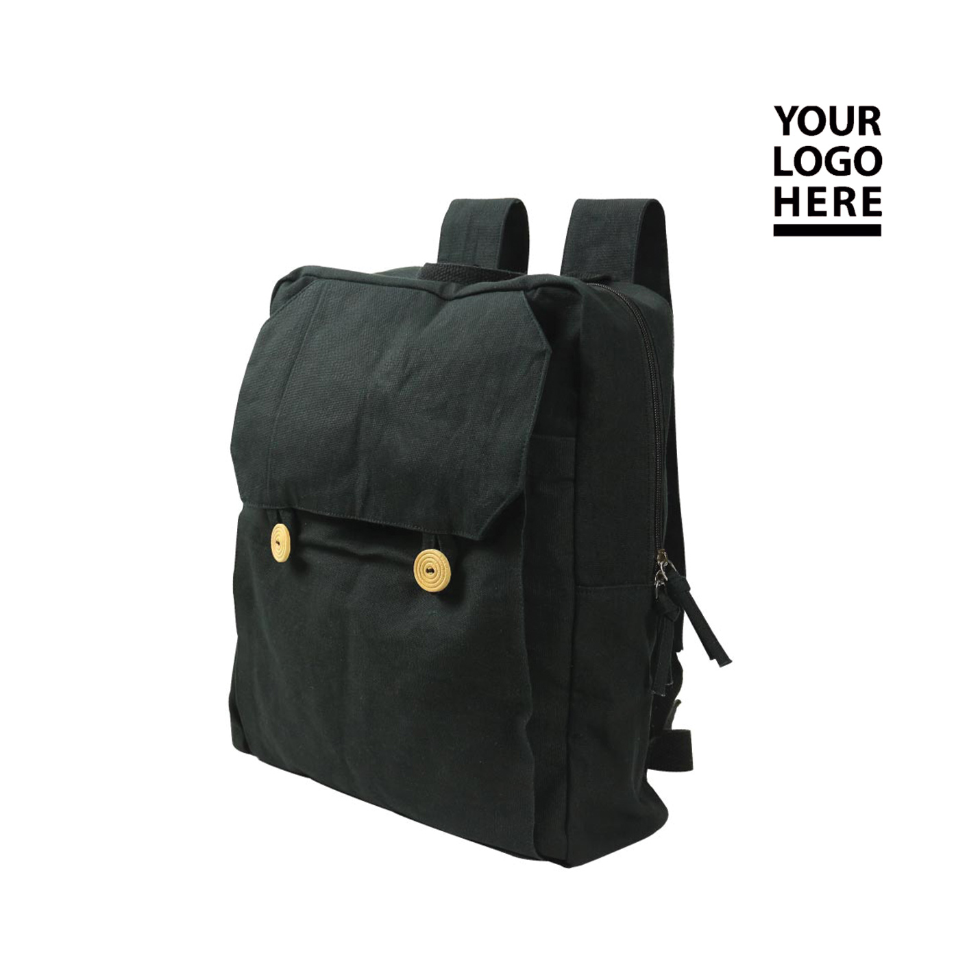 Black Cotton Backpack with Zipper Closure